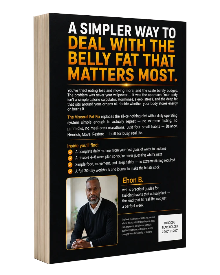 Back cover of The Visceral Fat Fix, listing the daily routine, the four–eight week plan, the food and movement habits, and the 30-day workbook.